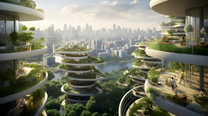 Future city with green gardens everywhere - obrazy, fototapety, plakaty