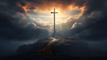 Holy cross showing the death and resurrection of Jesus Christ with sky over Golgotha Hill shrouded in light and clouds - obrazy, fototapety, plakaty