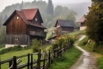 Rural Slovenian scenery showing elevated wooden houses. Generative AI