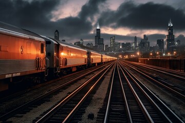 Fototapeta na wymiar Wide view of raised train on Chicago tracks. Generative AI