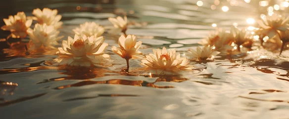 Fotobehang golden flowers beside body of water. generative AI © yj