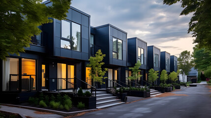 Modern modular private black townhouses. Residential architecture exterior concept