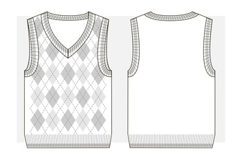 Knitted vest with v-neck and diamond pattern. Technical sketch.