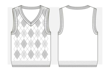 Foto op Canvas Knitted vest with v-neck and diamond pattern. Technical sketch. © Marina Smorodinskaya