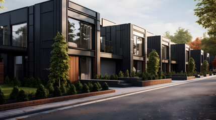 Modular private townhouses. Residential architecture exterior theme.
