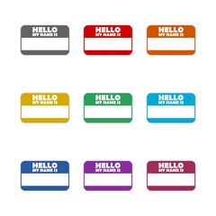 Hello my name is label  icon isolated on white background. Set icons colorful