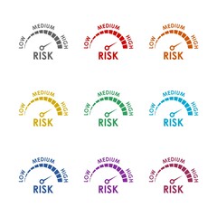 Risk concept on speedometer icon isolated on white background. Set icons colorful