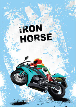 Grunge blue background with motorcycle image. Iron horse. Vector illustration