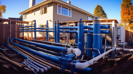 Under construction new home PVC waste water system rough plumbing - obrazy, fototapety, plakaty