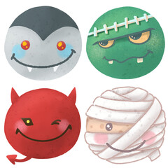 Spooky Fun: Set of Halloween Heads - Dracula, Frankenstein, Mummy, and Red Devil Head Cartoon Drawings for a Festive and Whimsical Halloween Theme