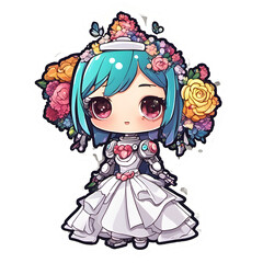 Wedding Groom Android Robot Girl with Bouquet, Blue Hair, Generative AI Based Character Sticker