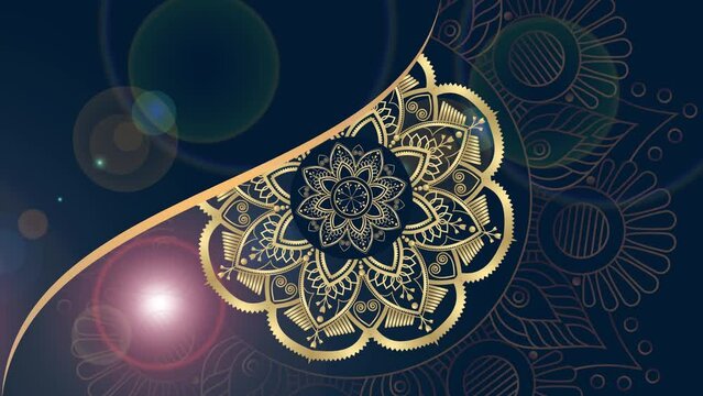 Gold and dark blue mandala ornament background looping smoothly, arabic islamic style for any purpose. Abstract ornamental digital gold color mandala. Floral vintage decorative elements oriental