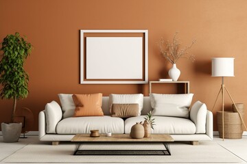 An image of a wall decor frame hanging in a cozy minimalism living room with a comfortable sofa. Generative AI