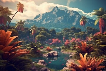 3D tropical scenery with vintage filter. Generative AI