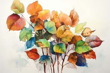 Painting of tree leaves in watercolor. Generative AI