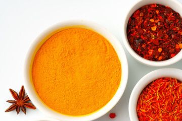 Beautiful composition with various spices on white background