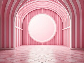 3D rendering of a empty pink striped room with an open window generative ai