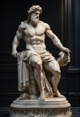 A Statue from a muscular Statue with a wavey middel Parting Hair out of white Marbel with a black backround