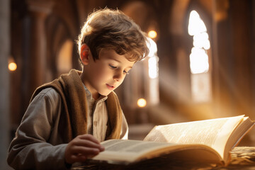 Fototapeta na wymiar little muslim boy reading the quran