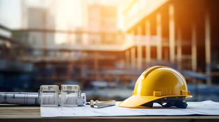 The white, blue and yellow safety helmet stacking on table with the blueprint and measuring tools at construction site for Engineer, foreman and worker. Safety first concept - 664786633