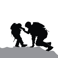 A soldier helps another soldier up a steep hill.. vector soldiers helping soldiers silhouette.