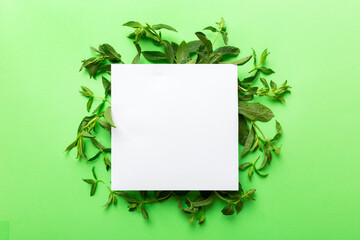 Wreath frame made of empty paper blank with space for text and mint leaves on colored background. . Mint Pattern. Flat lay. Top view