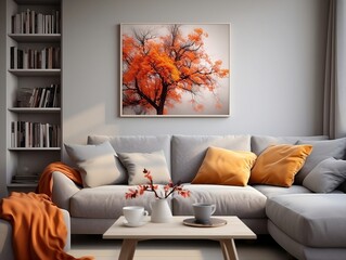 Cozy autumn winter living room interior with gray sofa and bright pillows generative ai