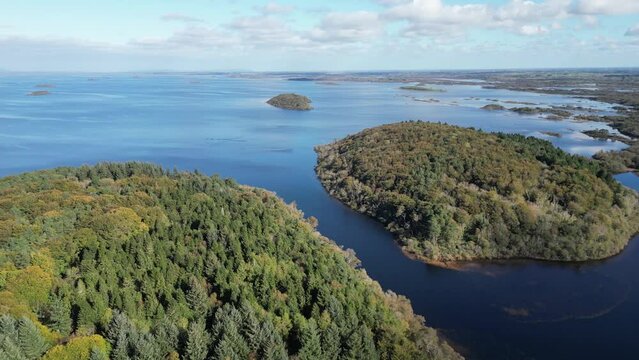 A stunning aerial over the Clonbur fishing lakes of Lough Corrib and Lough Mask, near Connemara National Park, Galway County, Ireland
