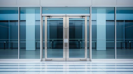 A minimalist symmetrical patterns of a modern building's glass door entrance, accentuated by sleek steel handles. copy space. generative AI