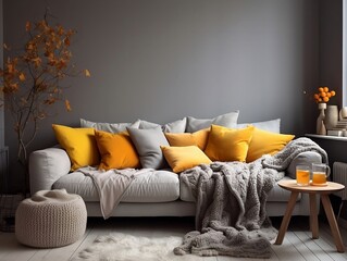 Cozy autumn winter living room interior with gray sofa and bright pillows generative ai