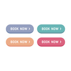 Book now vector button set. Colorful booking and reservation buttons icons.