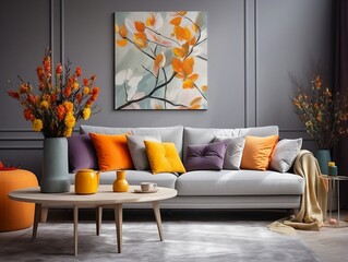 Cozy autumn winter living room interior with gray sofa and bright pillows generative ai