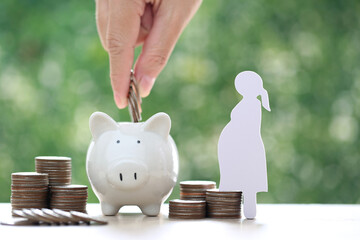Pregnant woman with piggy bank and coin money on natural green background,Save money for prepare in...