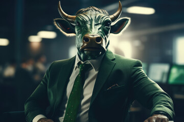 Stock market bull, wearing a green suit