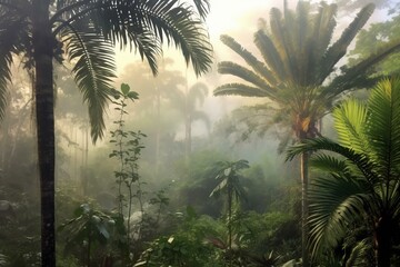 misty morning jungle, hazy coconut grove, foggy palm trees. Generative AI