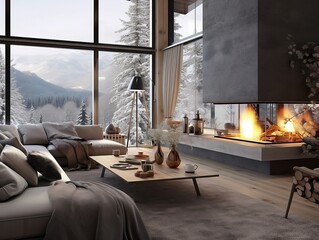 Cozy modern winter living room interior with furniture and a modern fireplace generative ai