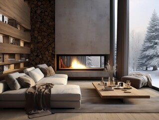 Cozy modern winter living room interior with furniture and a modern fireplace generative ai