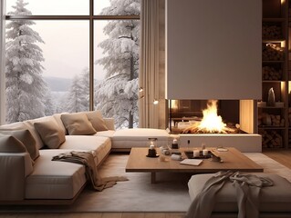 Cozy modern winter living room interior with furniture and a modern fireplace generative ai