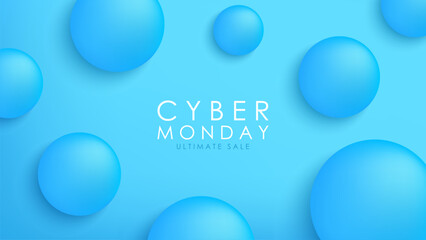 Cyber Monday Banner. Commercial background for Cyber Monday discount online shopping promotion and advertising. Blue round shapes. Realistic 3d spheres. Vector illustration.