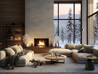 Cozy modern winter living room interior with furniture and a modern fireplace generative ai