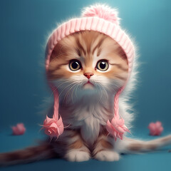 Adorable kitten in a knitted hat and scarf. Cute cat in a Christmas composition with bokeh effect. AI Generated.