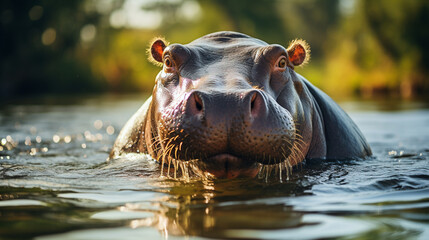 Hippopotamus in the river close-up with bright day light. 