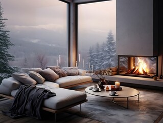 Cozy modern winter living room interior with furniture and a modern fireplace generative ai