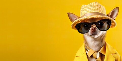 Cool looking Chihuahua dog wearing funky fashion dress. space for text right side.