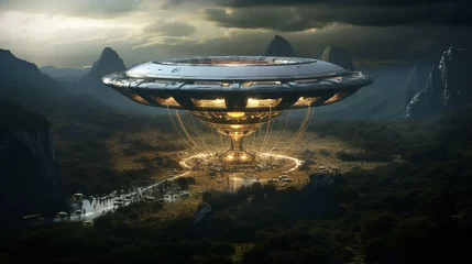 Fototapeten UFO, an alien saucer hovering above the field in the clouds © Marija