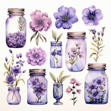 Collection of watercolor mason jars with purple flowers clipart.