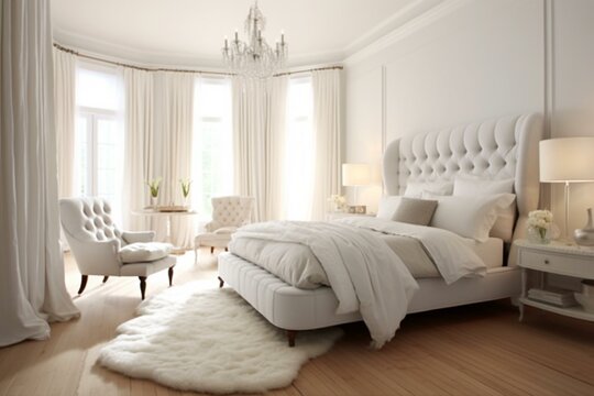 Elegant white bedroom decor with lavish ambiance. Generative AI