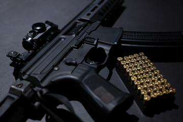 Modern Elegant Assault Rifle and Bullet on Grey Background in Switzerland.