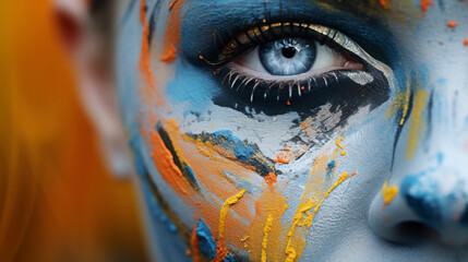Close up photo of a unique quirky beautiful face of the woman in paint