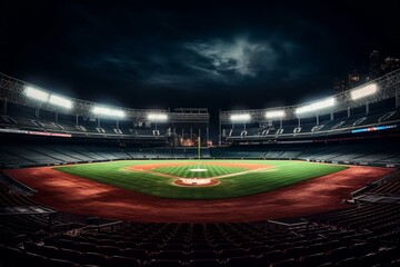 Nighttime view of a spacious baseball stadium infield playground. Generative AI - obrazy, fototapety, plakaty